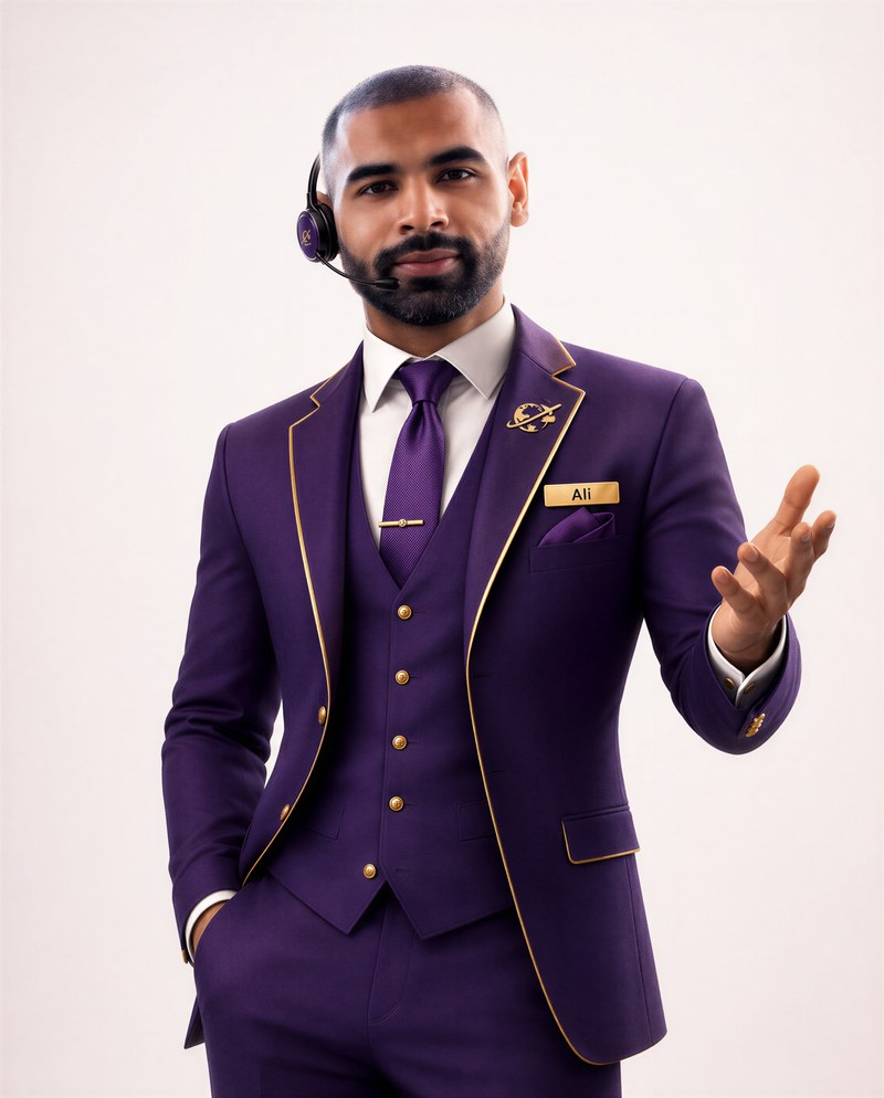 Ali, founder of Ali&rsquo;s World Tours, in the company&rsquo;s purple and gold uniform with a headset and name badge, hand open in welcome